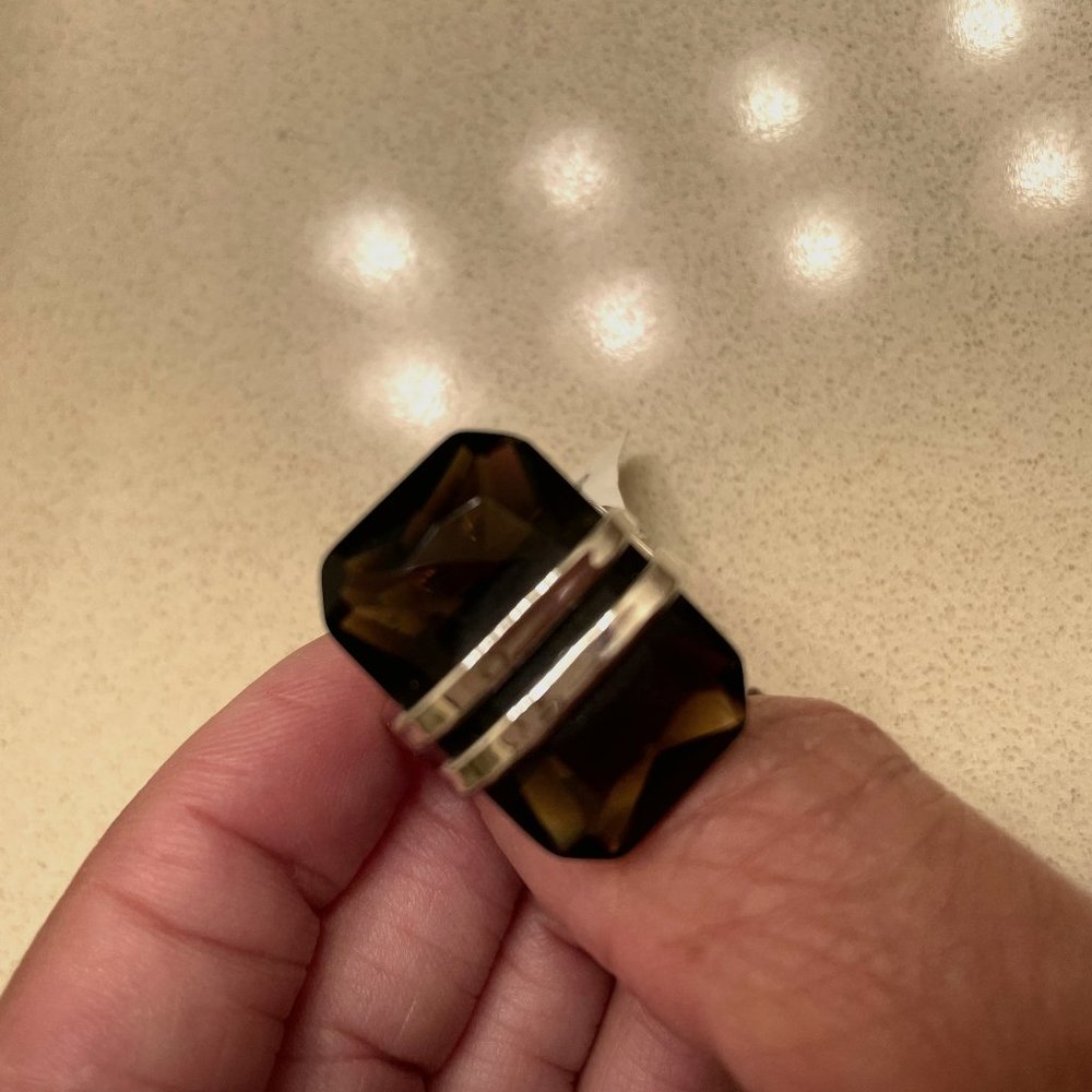 Brown gem stone and sliver rhodium-plated statement ring I size 10